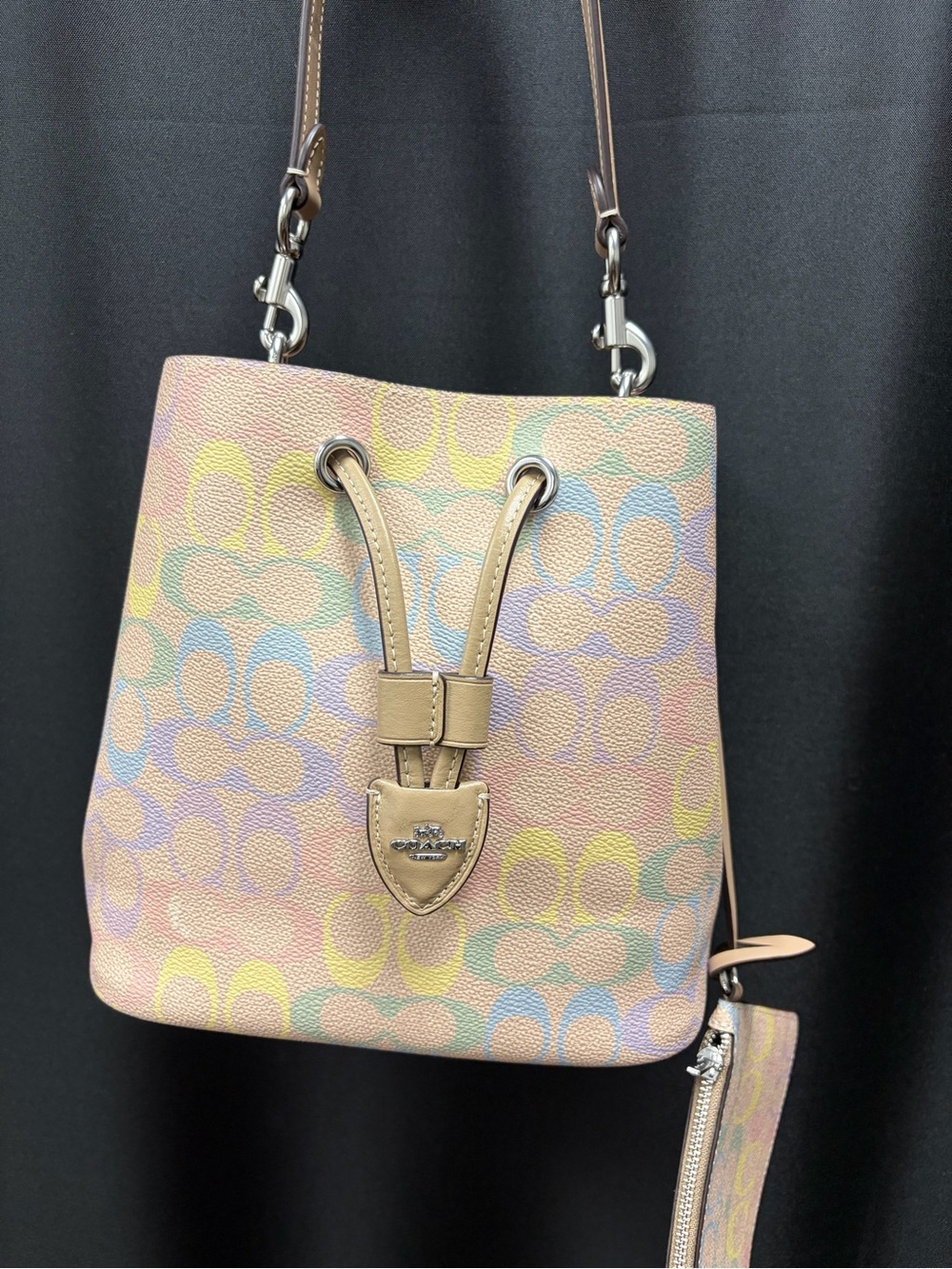 Coach Rowan Drawstring Bucket Bag Rainbow Pastel Multicolor Signature